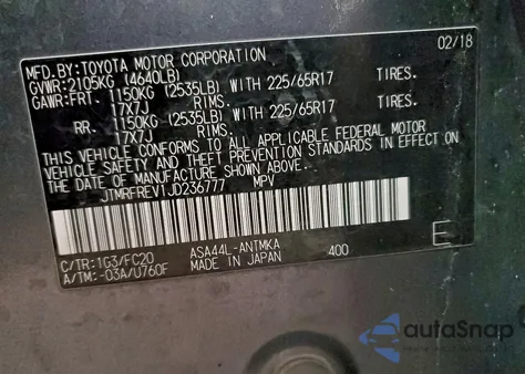 2018 Toyota Rav4 Adventure z USA, uszkodzony, nr VIN JTMRFREV1JD236777